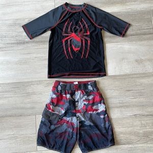 10-12 Spiderman SPF50 Boys Short sleeve Rush Guard Swim Shirt+wonder nation pant